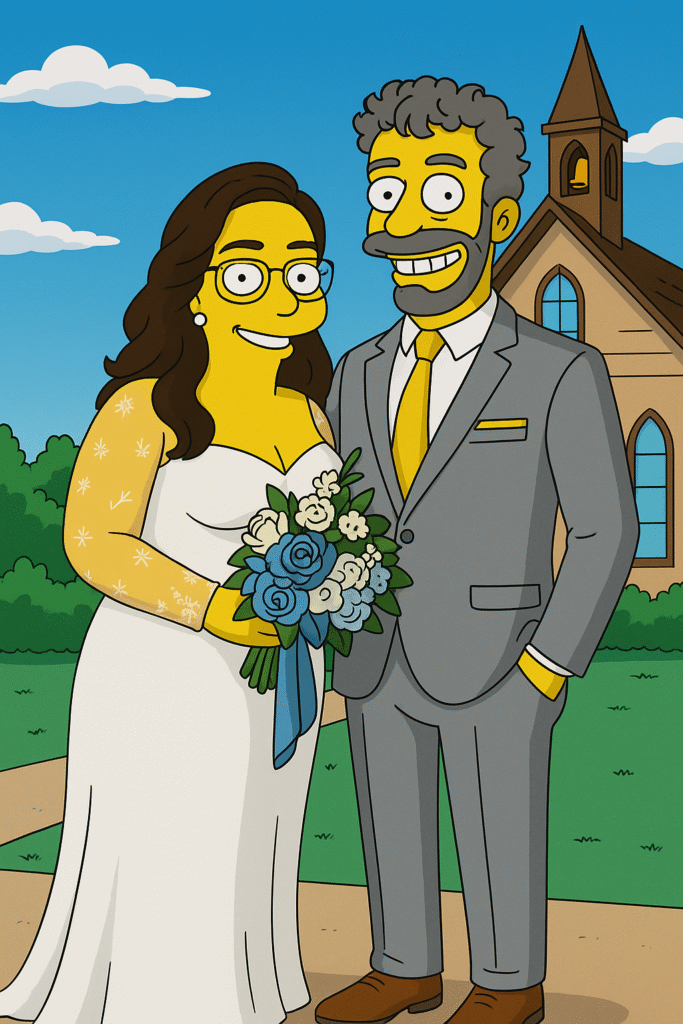 Cartoon-style illustration of a bride and groom, smiling and holding a bouquet, with a church in the background, representing Tiffany and Tony's whimsical wedding celebration.