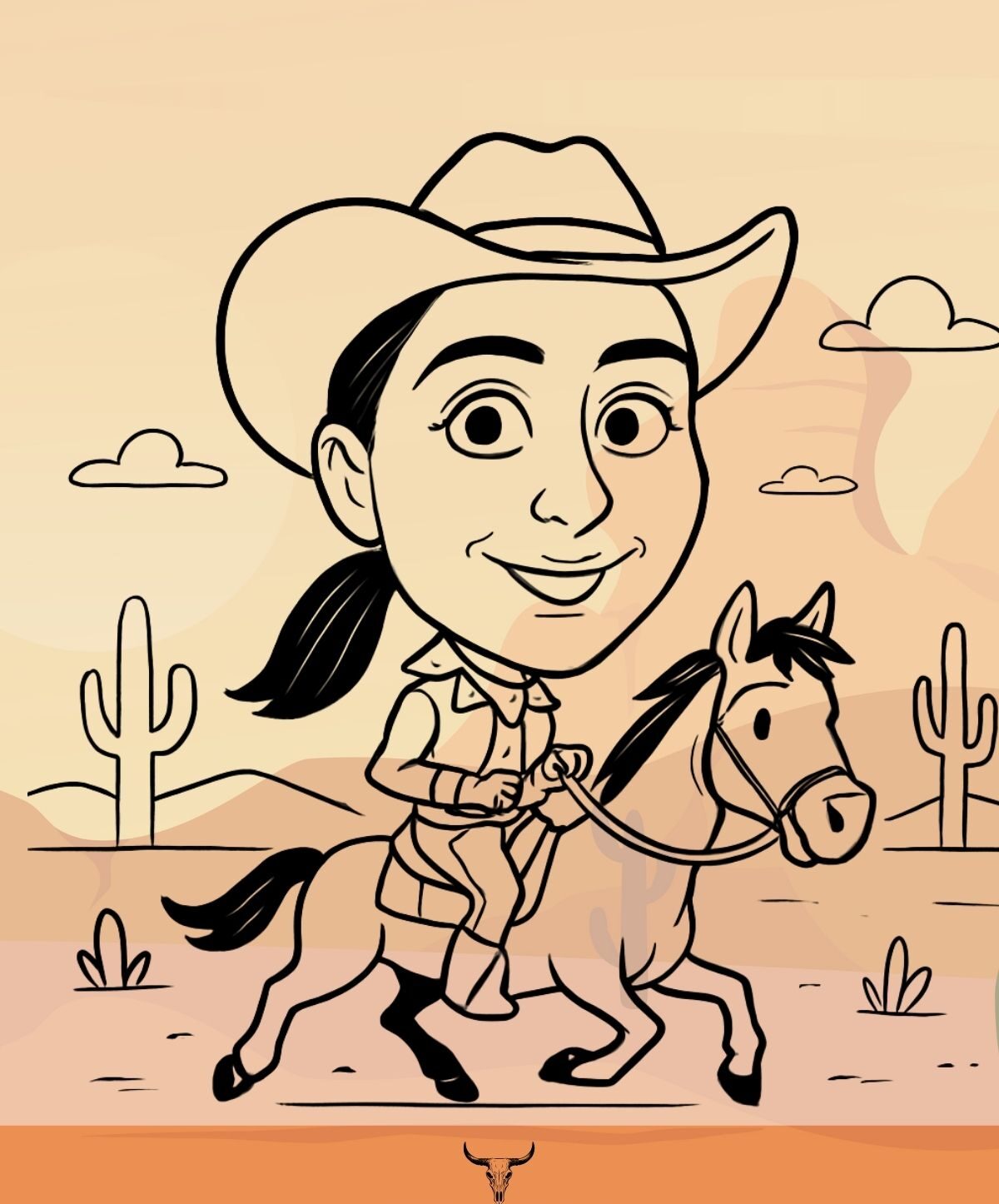 Caricature of a smiling cowgirl riding a horse in a western landscape with cacti and mountains, reflecting Calgary Stampede themes and engaging photo experiences.
