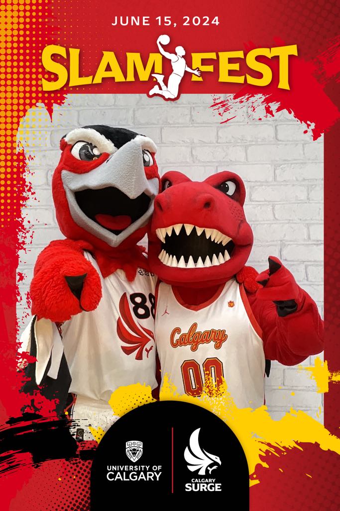 Calgary sports mascots promoting fan engagement at Slam Fest event, featuring vibrant branding and team spirit elements.