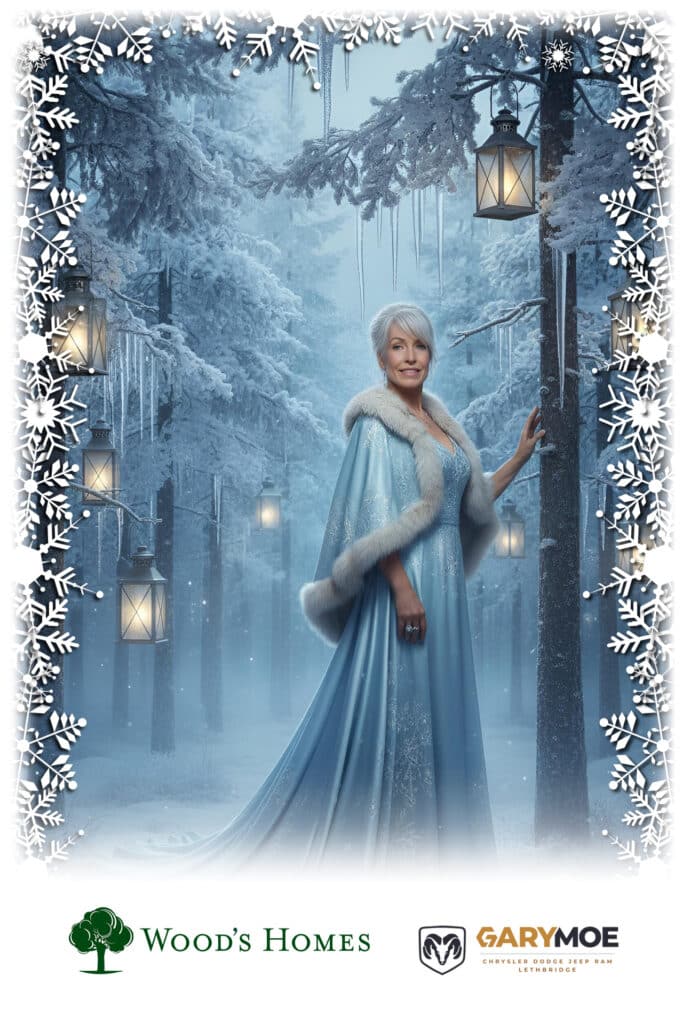 Woman in a blue gown with fur trim standing in a snowy forest with lanterns, surrounded by winter-themed decorations, representing a magical themed experience for events.