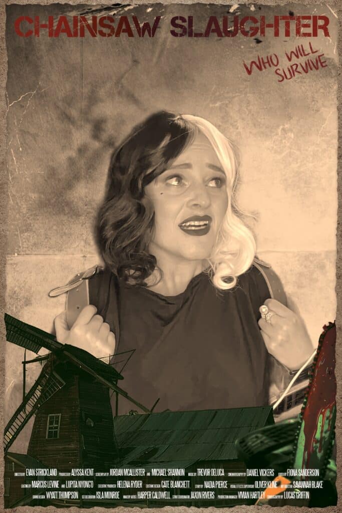 Chainsaw Slaughter movie poster featuring a distressed woman with half-black, half-white hair, dramatic expression, and vintage horror aesthetic, highlighting immersive themed experiences for events.