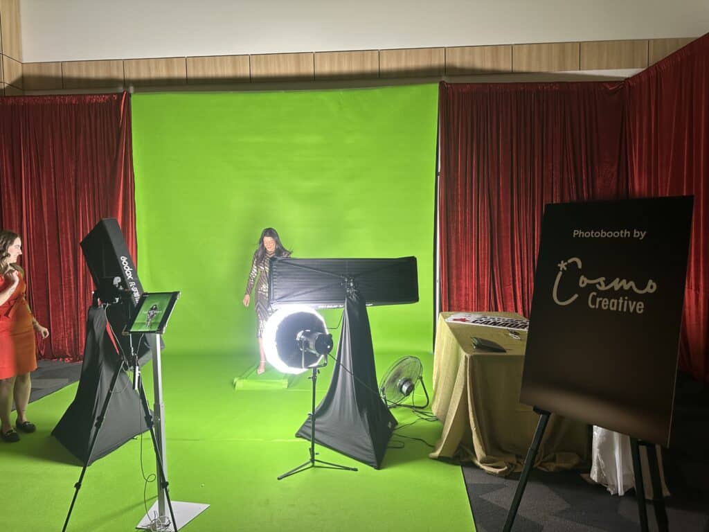 Photo booth setup in front of a green screen
