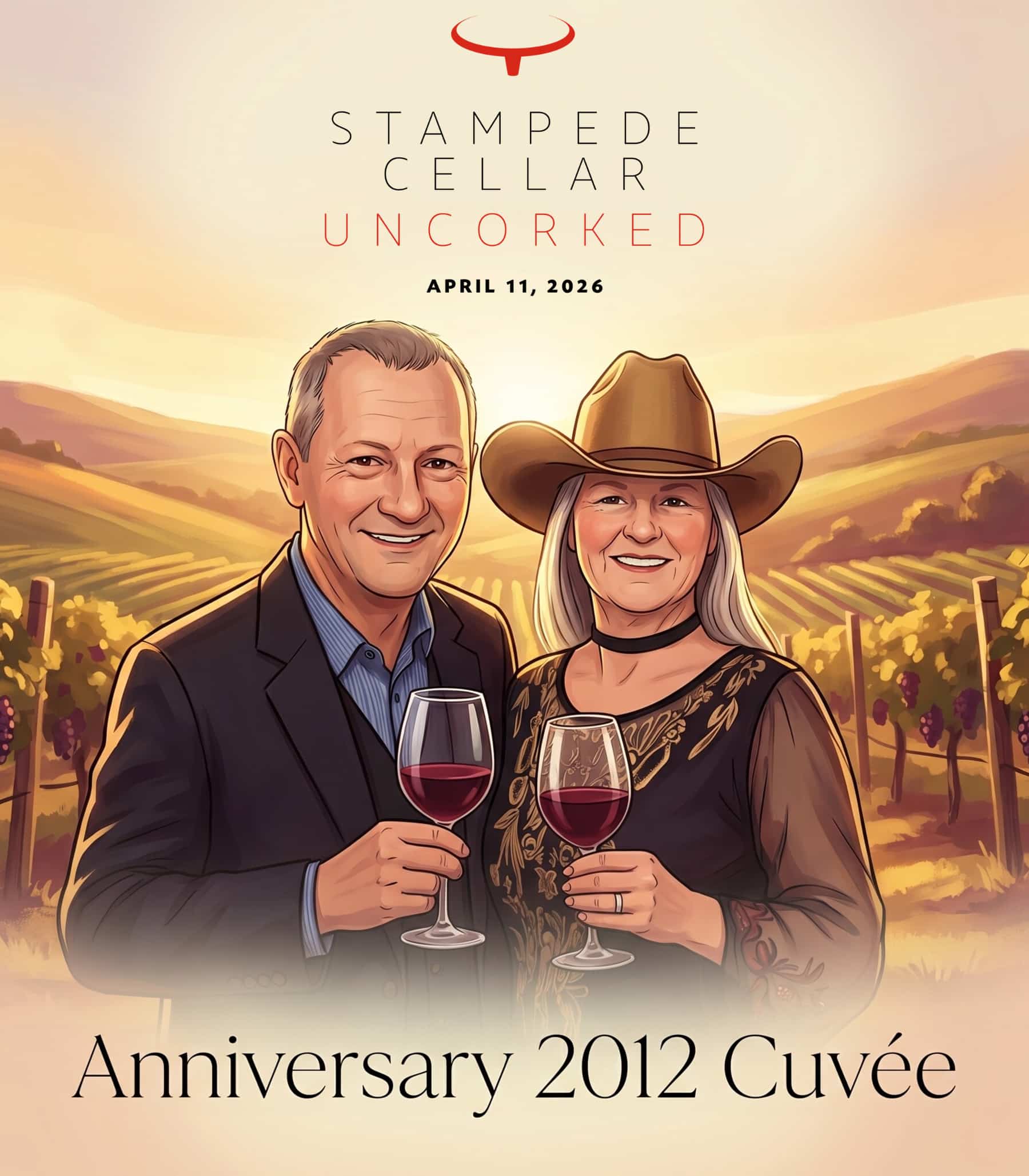 Couple holding wine glasses with vineyard backdrop, featuring "STAMPede CELLAR UNCORKED" event branding and "Anniversary 2012 Cuvée" label, reflecting custom wine label experience at the event.