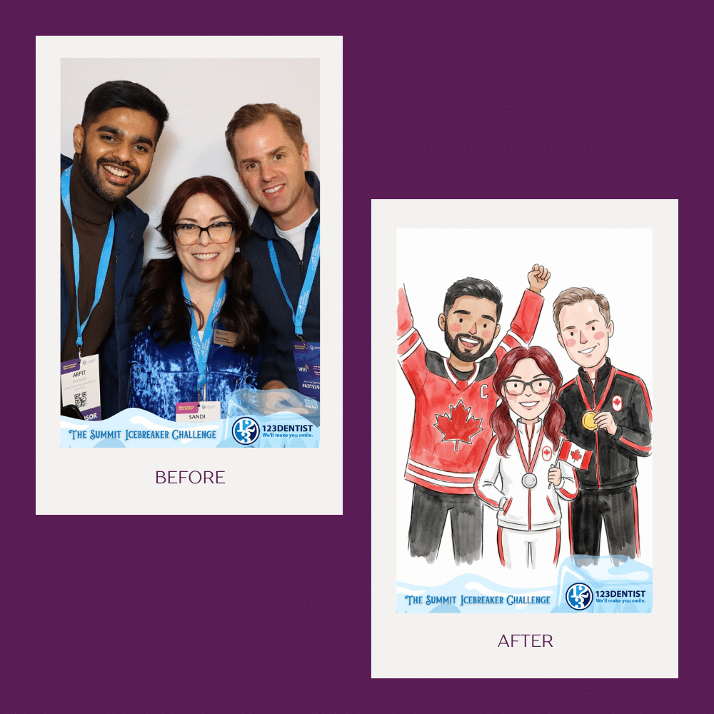 Before-and-after photo booth portraits featuring participants at the Summit Icebreaker Challenge, showcasing a fun, engaging transformation from a group photo to illustrated characters, with branding for 123Dentist.