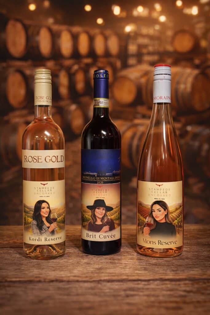 Custom wine labels featuring portraits of women holding glasses, labeled "Kordi Reserve," "Brit Cuv&eacute;e," and "Mons Reserve," with event branding from Stampede Cellar Uncorked, set against a backdrop of wine barrels.