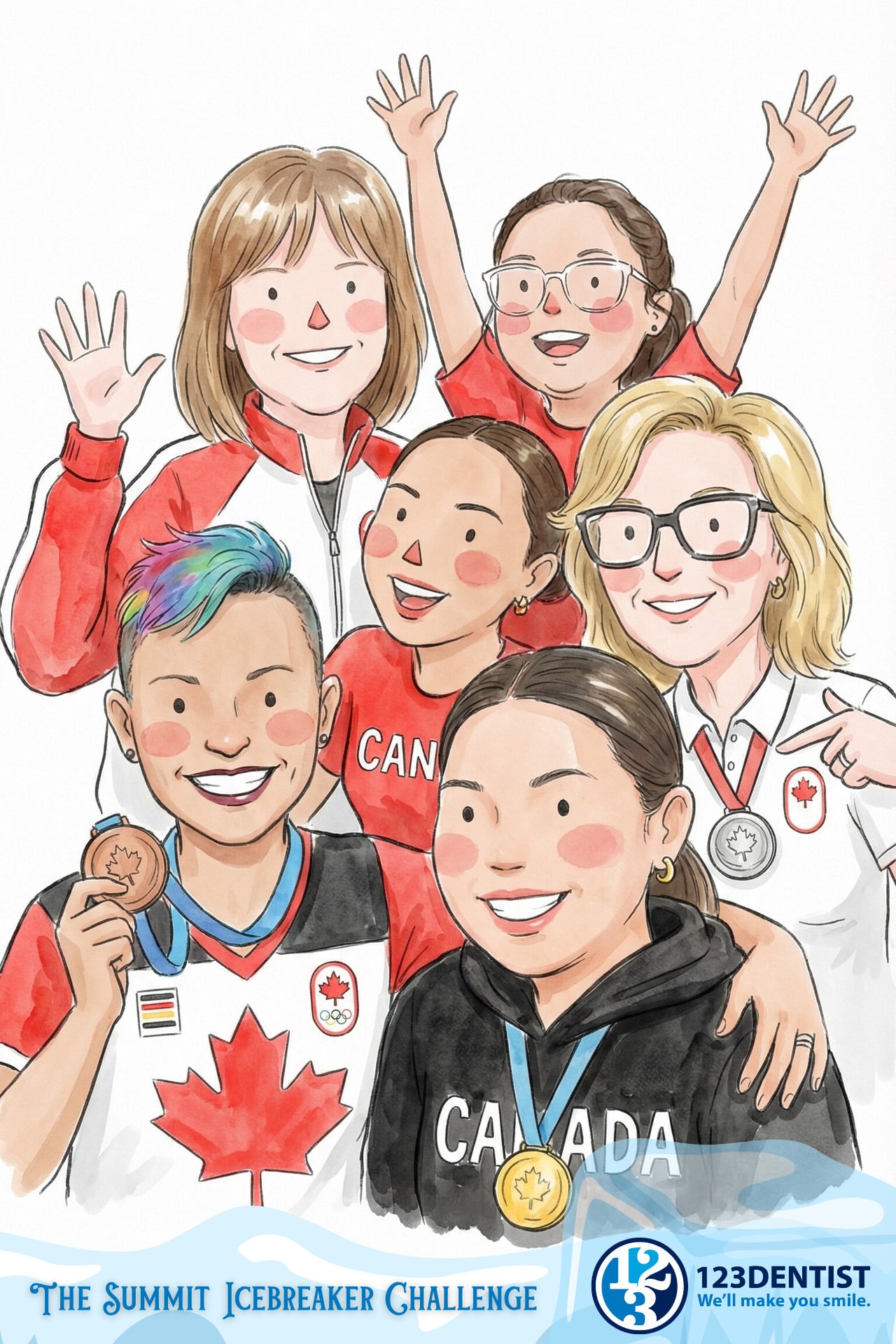 Illustration of six smiling individuals celebrating at the Summit Icebreaker Challenge, wearing Canadian-themed attire and medals, with 123Dentist branding in the foreground.