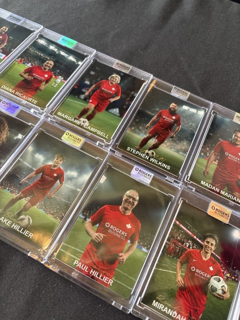 Custom AI trading cards featuring Rogers Business attendees in Canadian soccer jerseys.