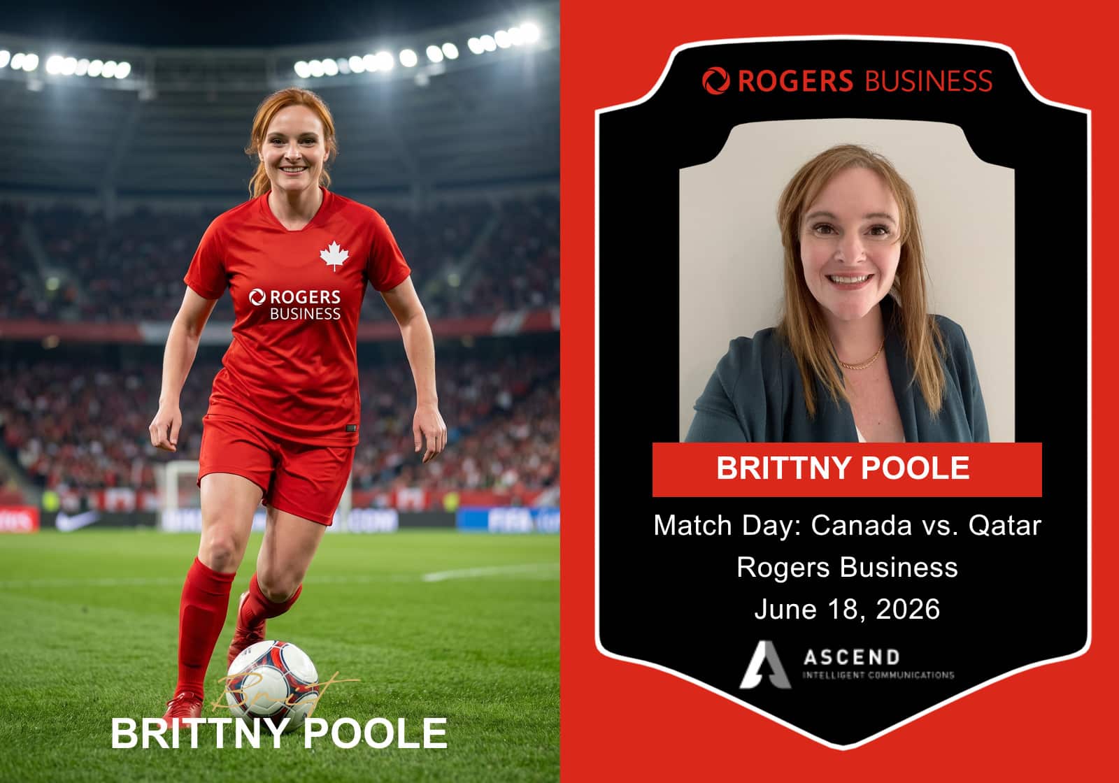 Custom AI trading card featuring Brittny Poole as a soccer player in a Rogers Business jersey and Canada kit.