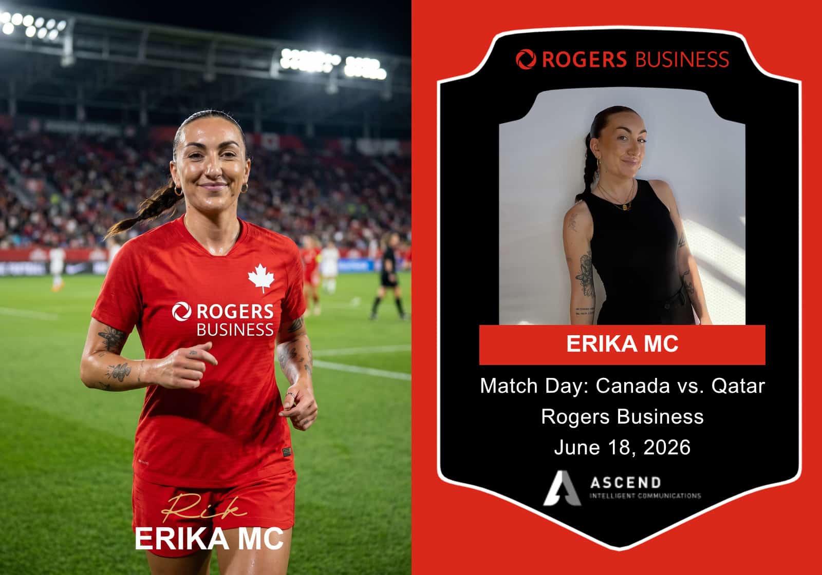 Rogers Business FIFA watch party: custom AI trading card featuring a woman in a Canada soccer jersey.