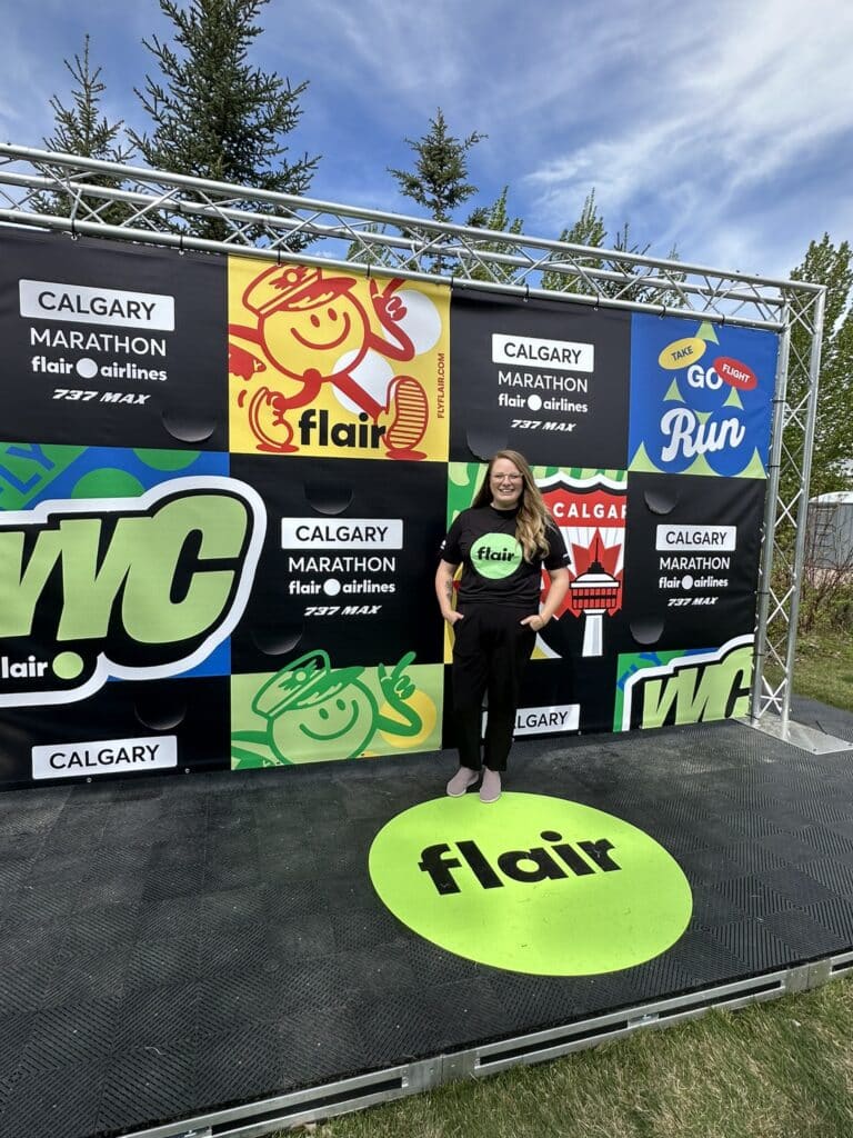 Flair Airlines photo booth at the Calgary Marathon finish line celebration.