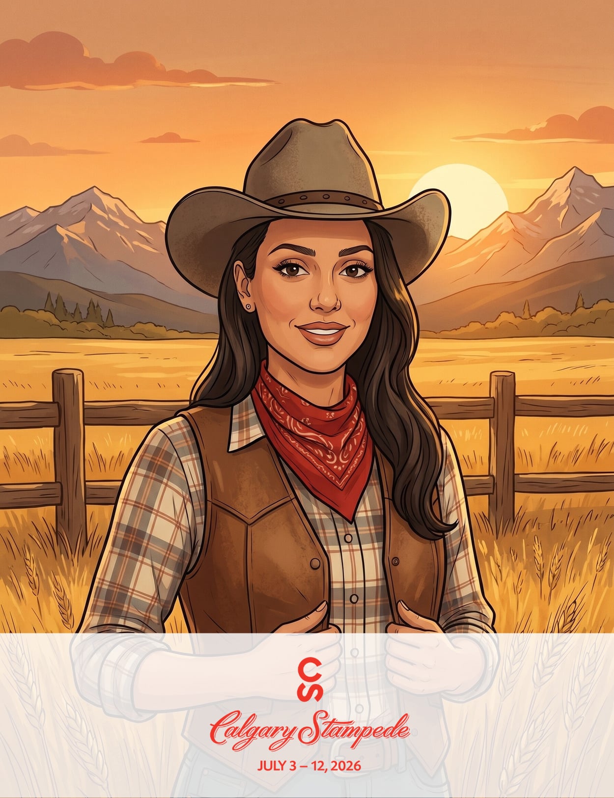 Illustration of a smiling woman dressed as a cowgirl, wearing a cowboy hat and plaid