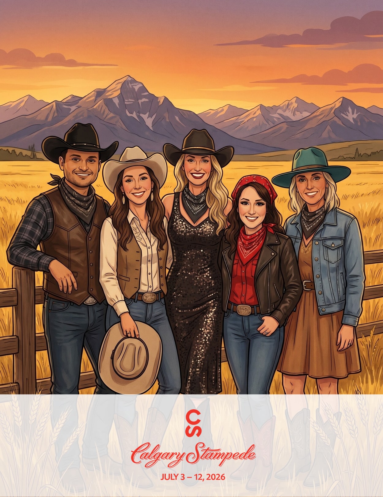 Group of five individuals in western attire posing against a scenic mountain backdrop, featuring the