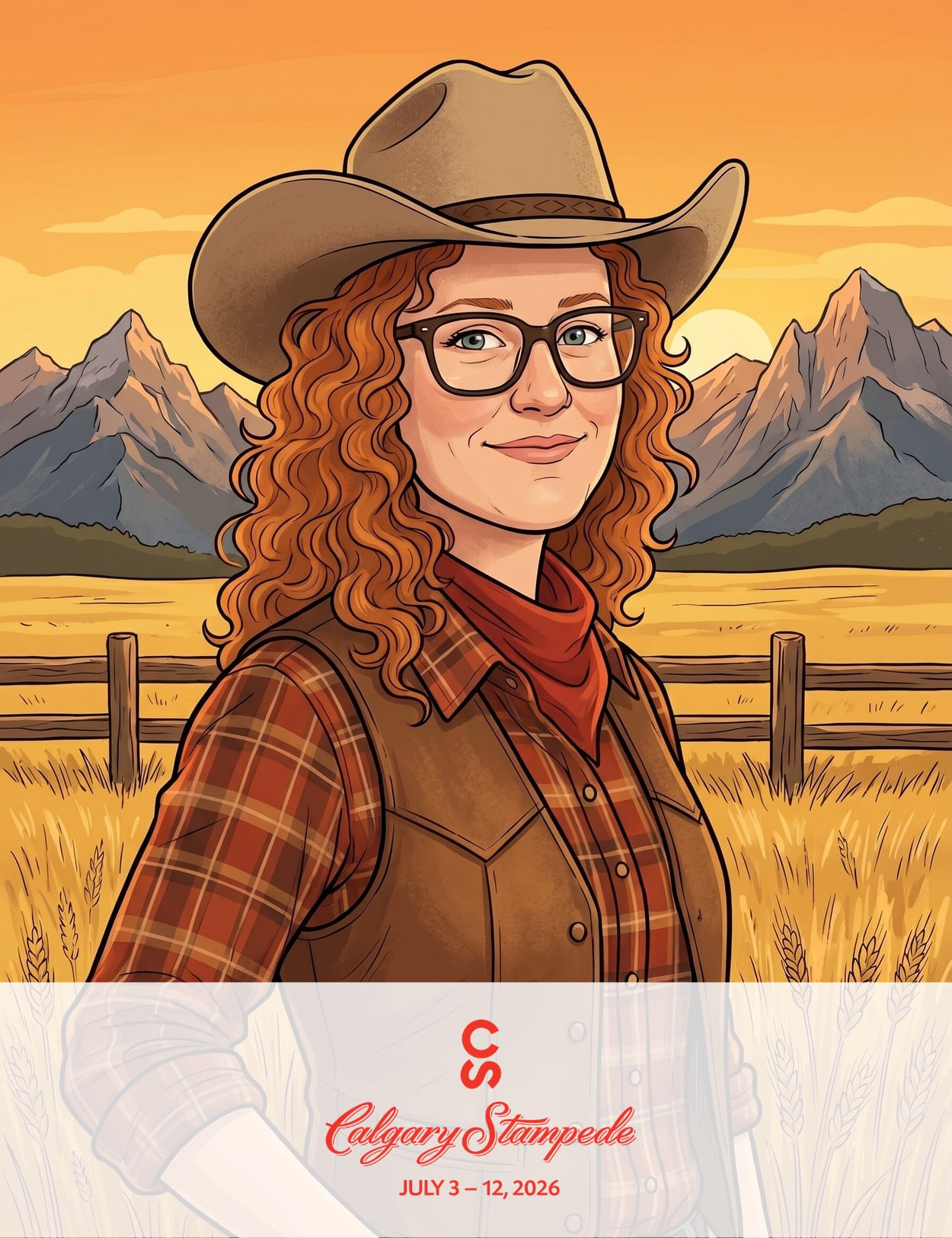 Illustration of a woman in a cowboy hat and plaid shirt, set against a western