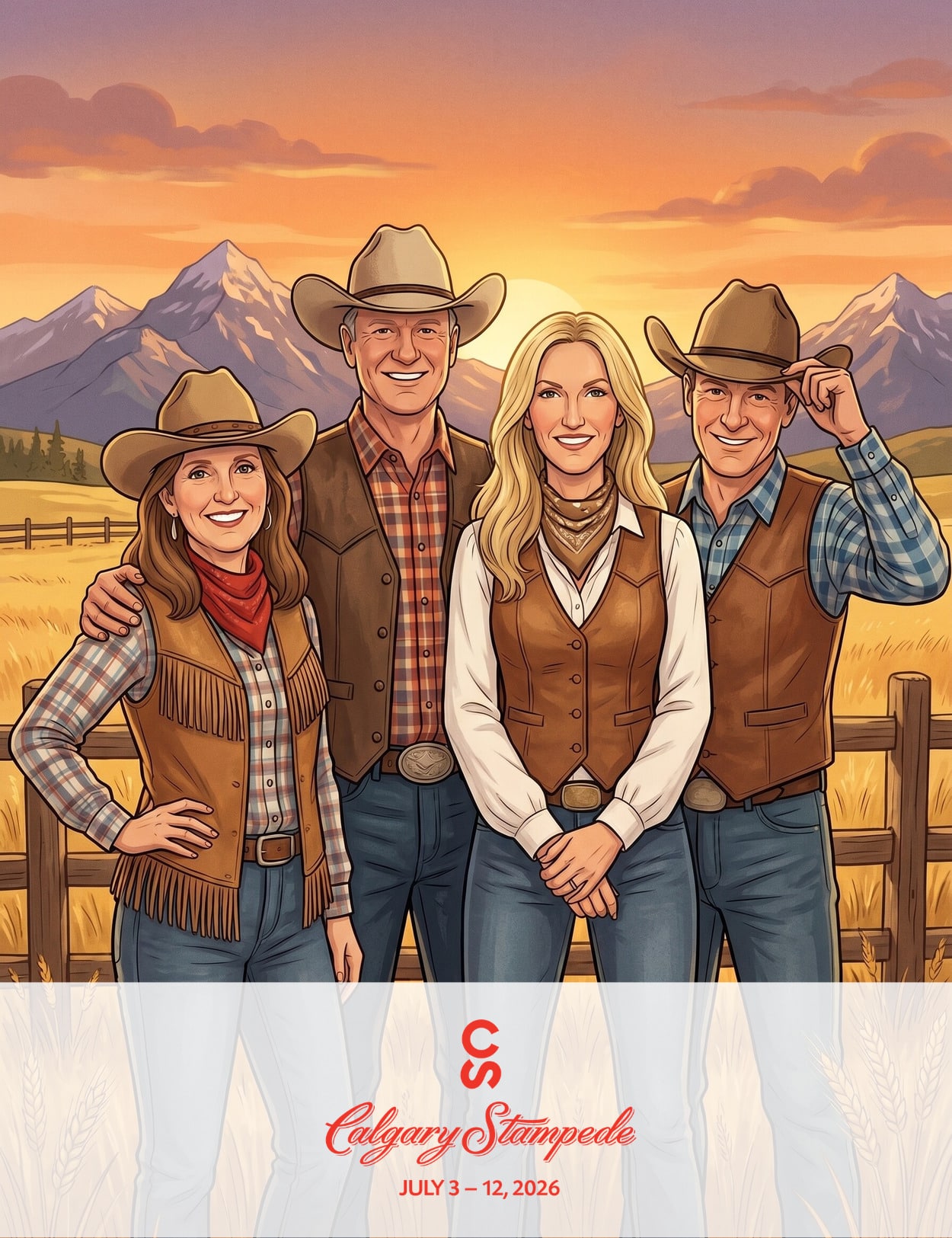 Illustration of four cowboys and cowgirls in western attire against a sunset backdrop with mountains,