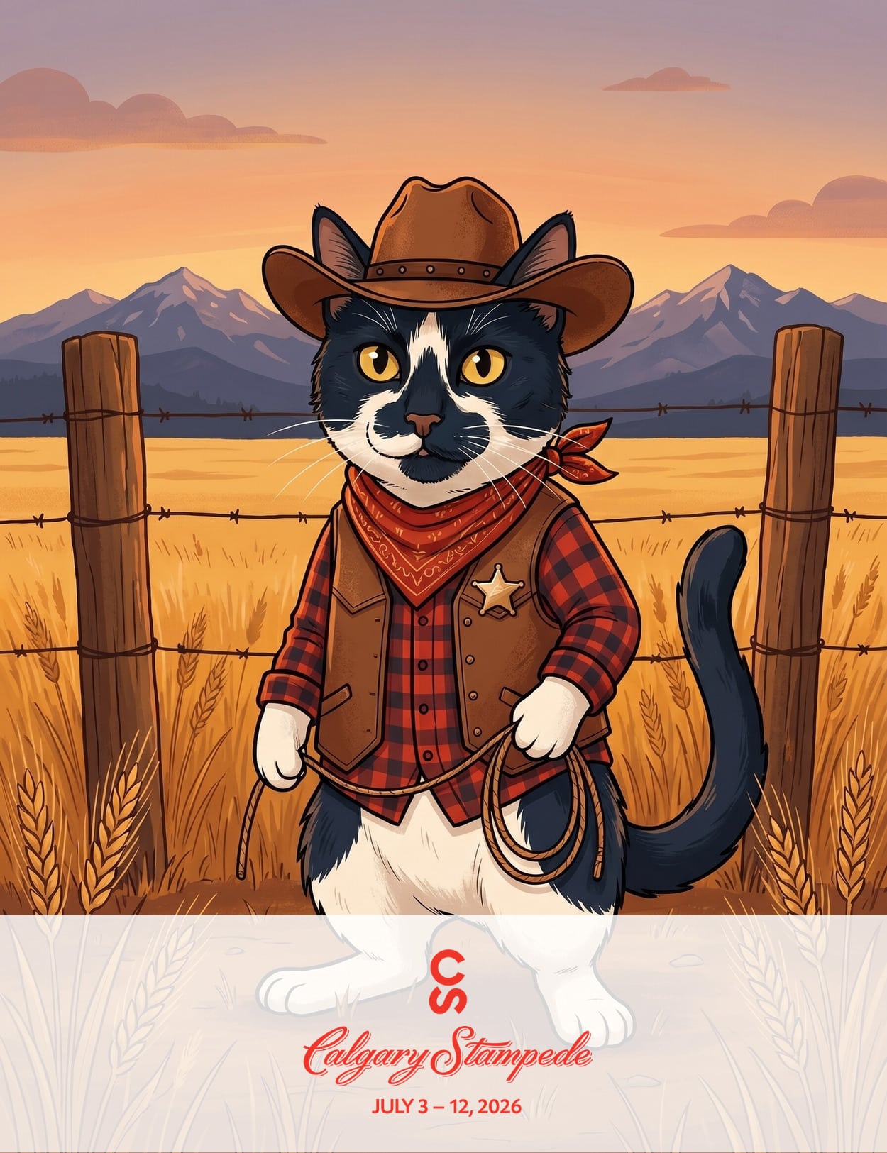 AI-generated portrait of a cowboy cat at the Calgary Stampede, custom spice label activation.