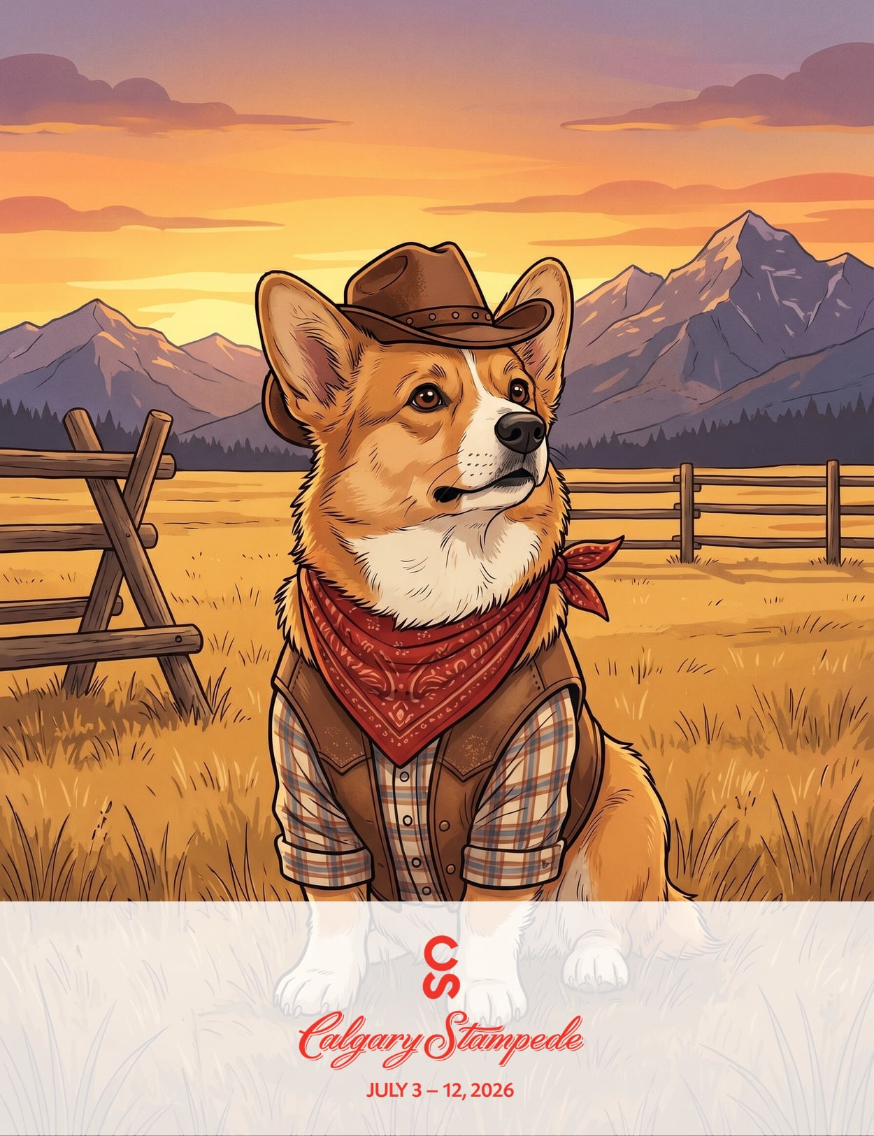 Corgi dressed as a cowboy with a bandana, set against a sunset landscape with mountains